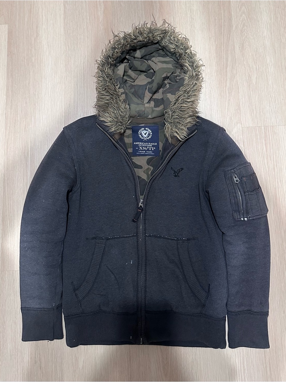American Eagle Fur Hooded Zip-Up Jacket - Black with Camouflage Lining